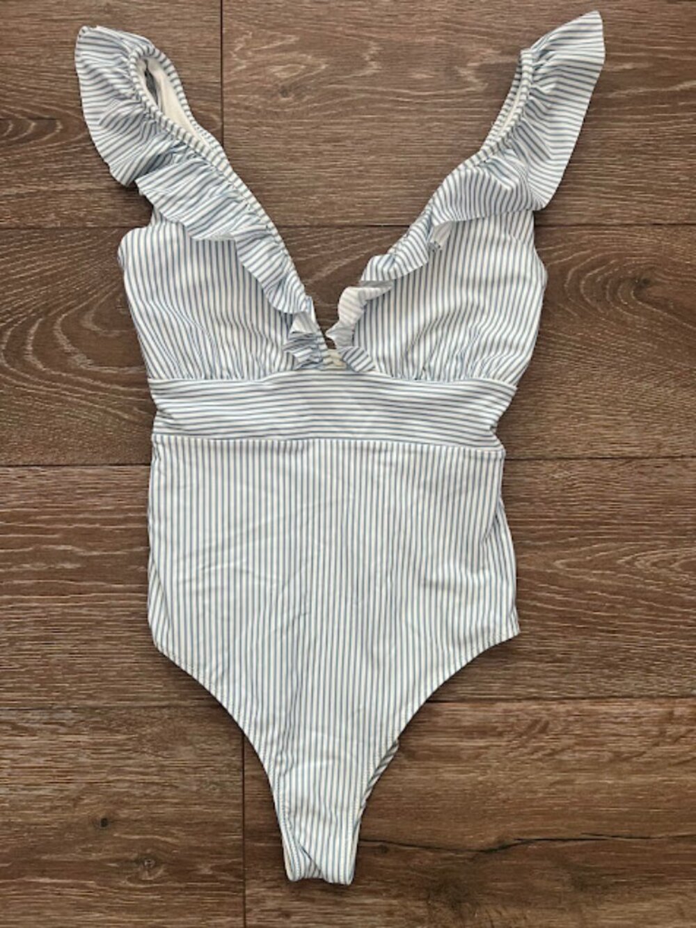 H&M Blue White Striped Ruffle Padded One Piece Swimsuit Size Small